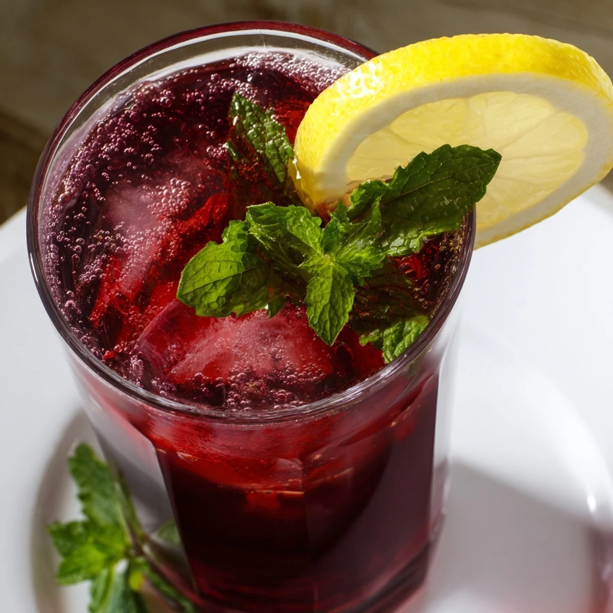 Tart cherry juice combines with sparkling water in this vibrant Sleepy Girl Cherry Mocktail beverage.
