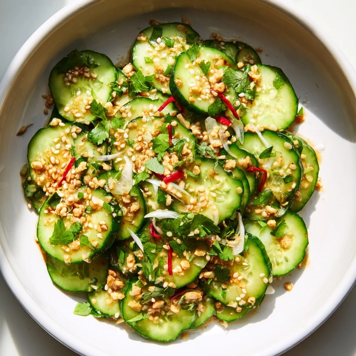 Vibrant Tangy Shaken Asian-Style Cucumber Salad featuring crisp cucumbers coated in glossy dressing, ready to eat!