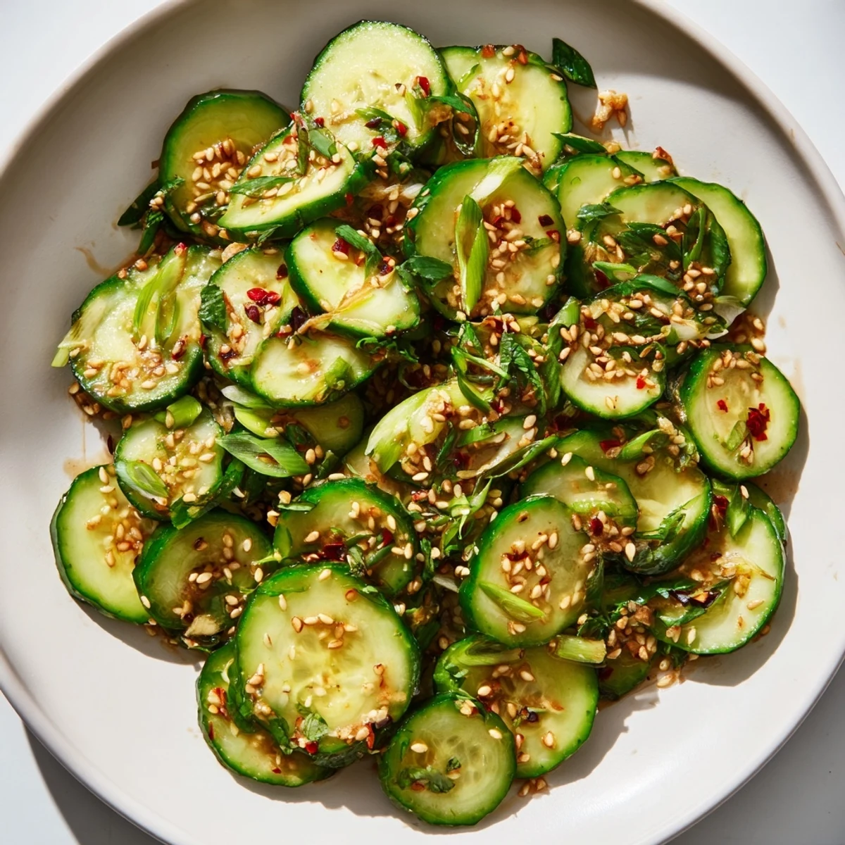 Freshly prepared Tangy Shaken Asian-Style Cucumber Salad, showcasing the bright colors and textures of the ingredients.
