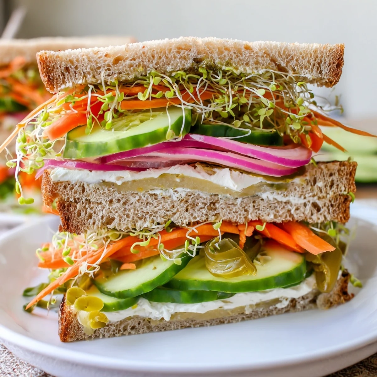 Delicious Crunchy Dill Pickle Sandwich, boasting layers of pickles, fresh veggies, and creamy spread on toasted bread.