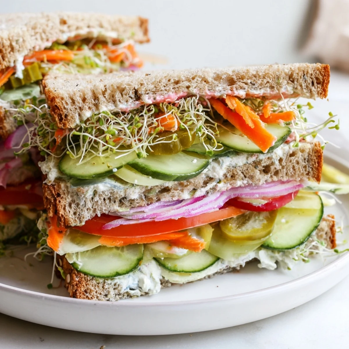 Close-up photo of a fully-loaded Crunchy Dill Pickle Sandwich, showcasing the vibrant pickle-packed layers ready to enjoy.