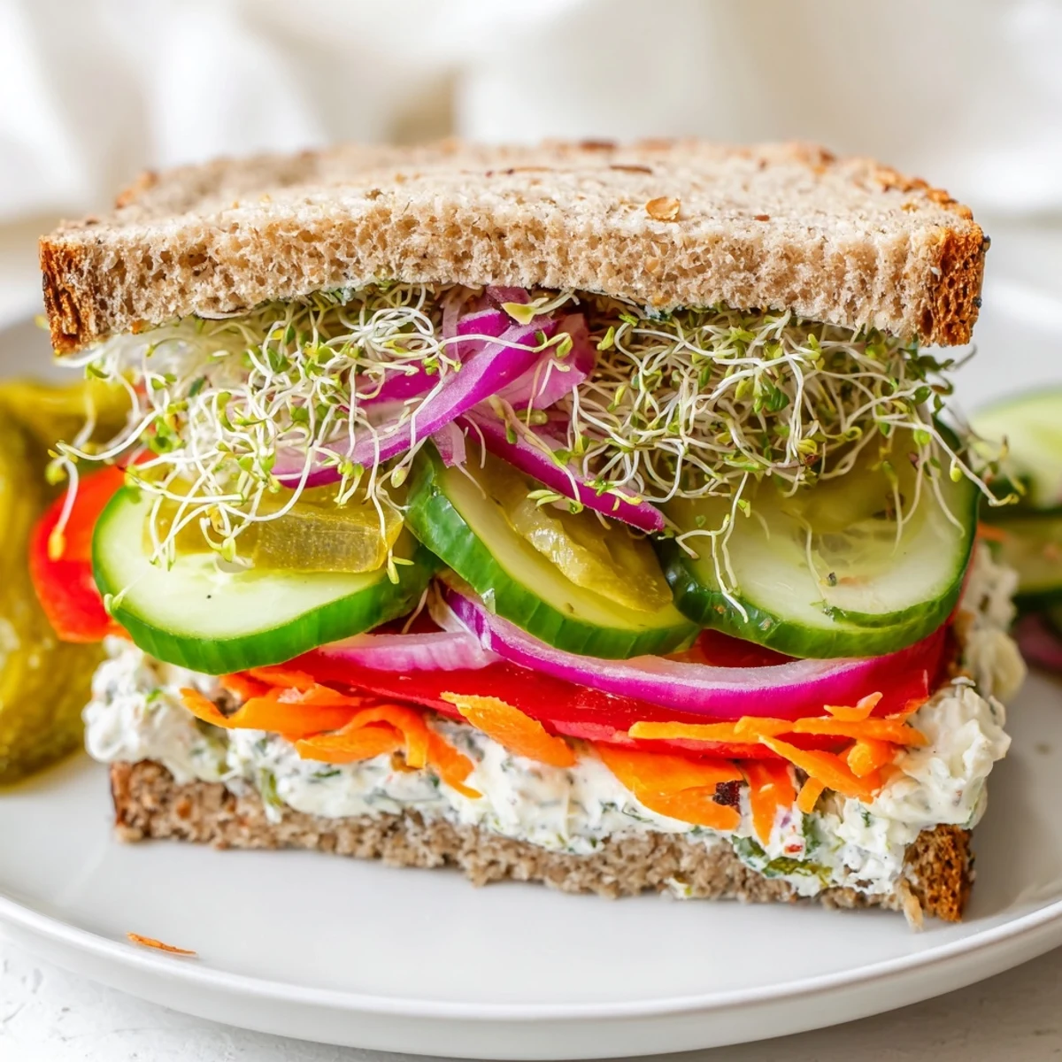 A freshly made Crunchy Dill Pickle Sandwich, sliced to reveal pickle overload and colorful, garden-fresh vegetables.