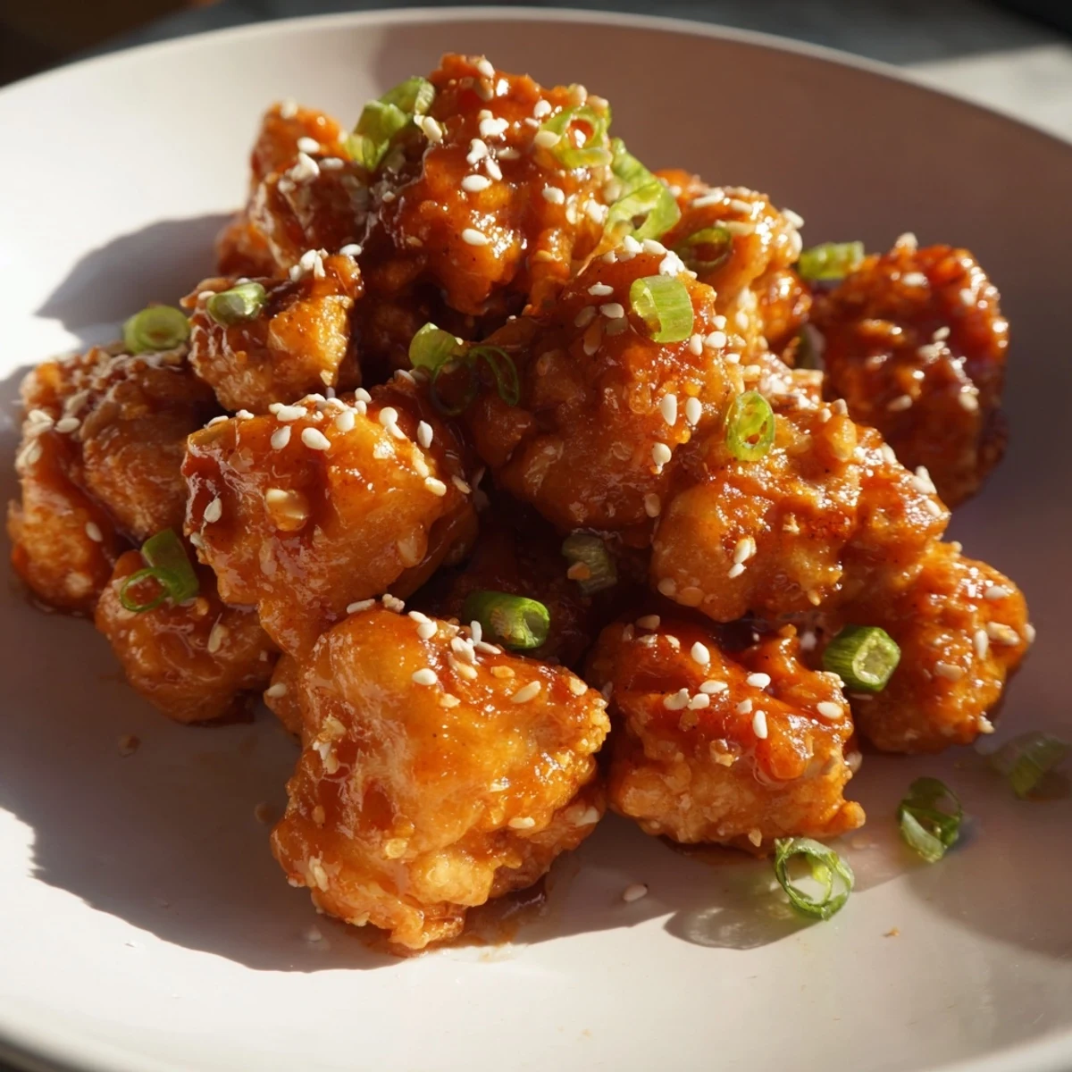 Golden, crispy Honey-Sriracha Chicken Bites drizzled in a sweet and spicy glaze ready to enjoy.