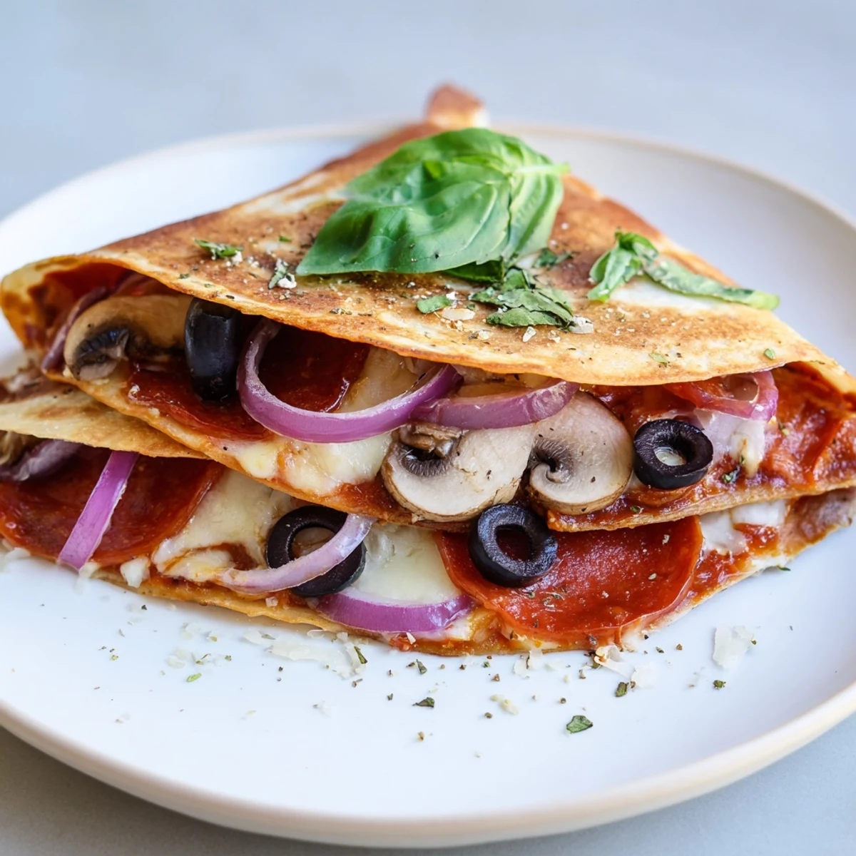 Golden, melty cheese and pepperoni peek out from this easy Cheesy Tortilla Pizza Wrap.