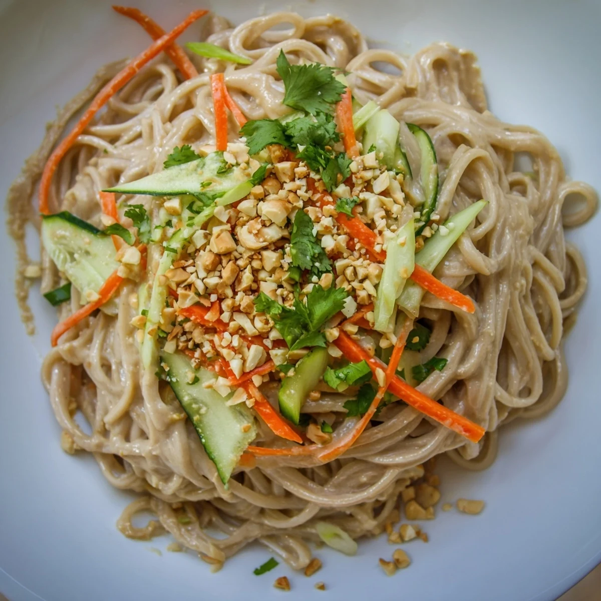 Cold sesame noodles: a vibrant bowl of noodles topped with crisp carrots and fresh cilantro.