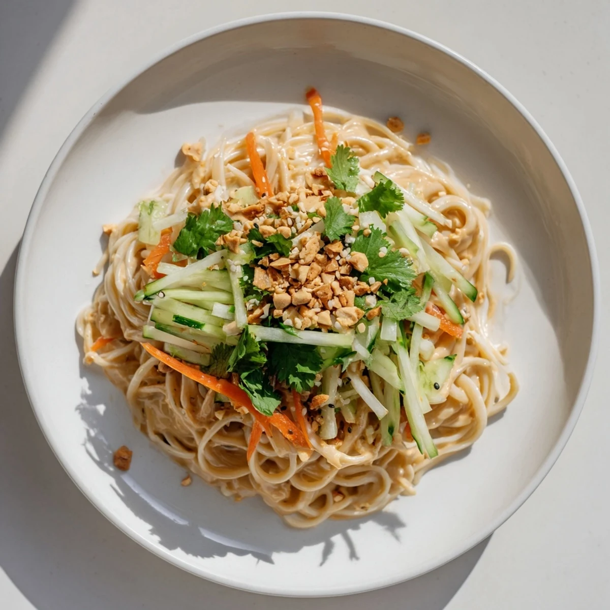 Delicious cold sesame noodles featuring a peanut and sesame flavored sauce with crunchy vegetables.