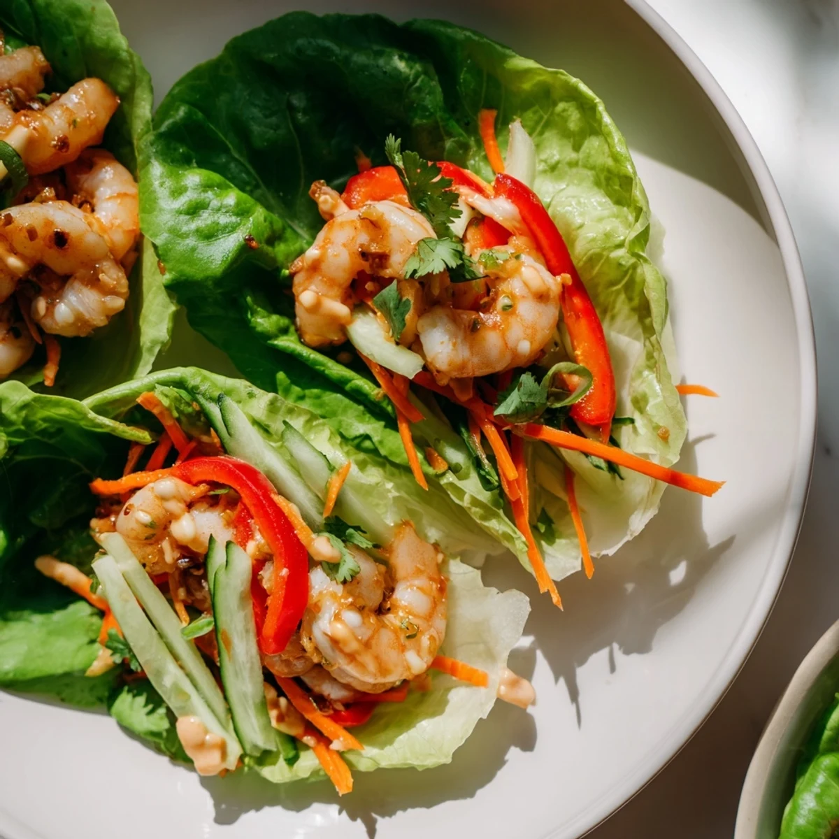 A close-up of colorful shrimp lettuce cups, filled with fresh vegetables and zesty sauce.