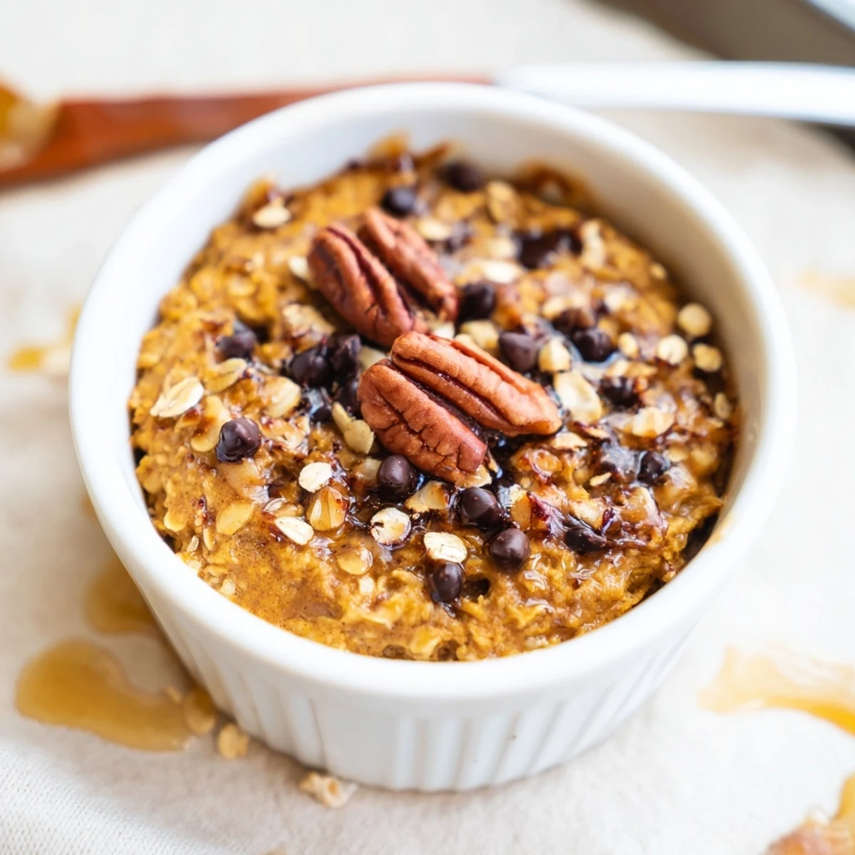 Golden, baked pumpkin spice oats with a crunchy pecan topping ready for a delicious breakfast.