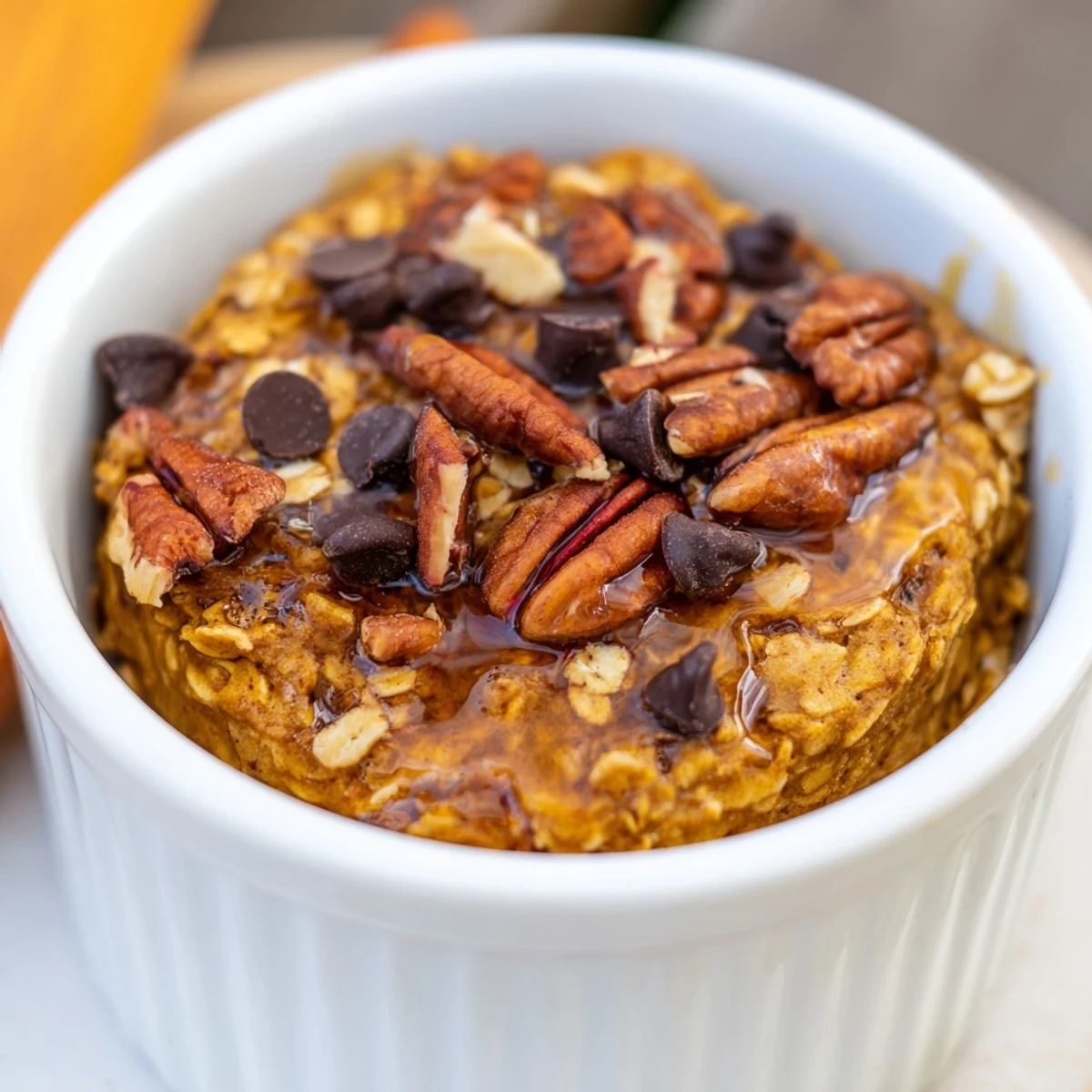 A close-up of fluffy pumpkin spice baked oats, warm and inviting straight from the oven.