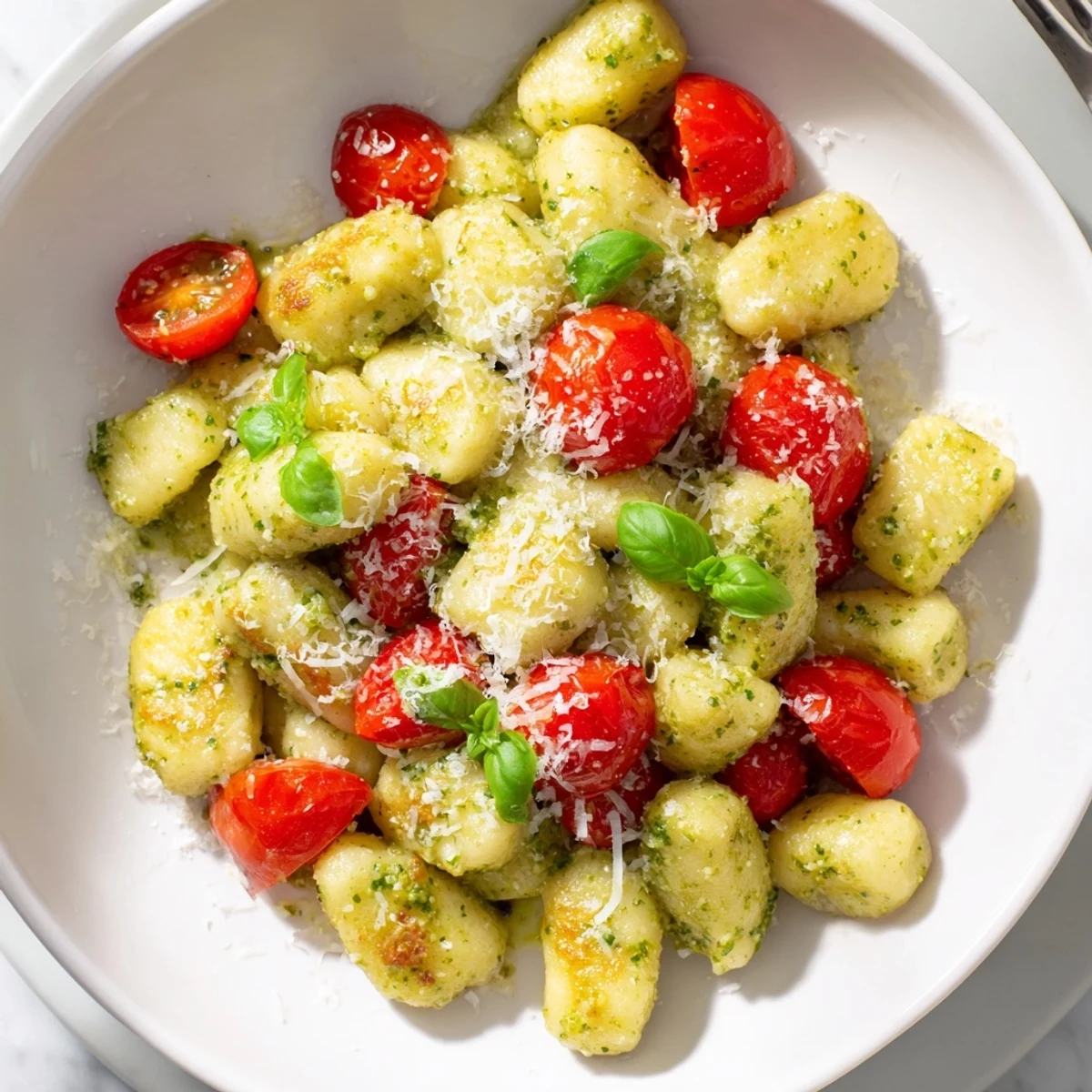 Golden-brown crispy gnocchi with vibrant pesto, cherry tomatoes, and Parmesan cheese, ready to enjoy.