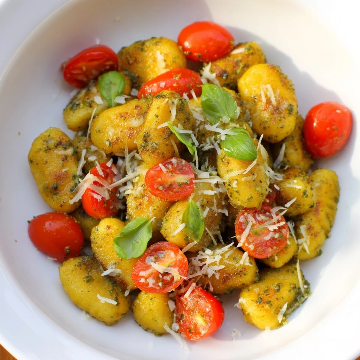Crispy gnocchi coated in fresh basil pesto, with juicy cherry tomatoes; a delicious vegetarian Italian dish.