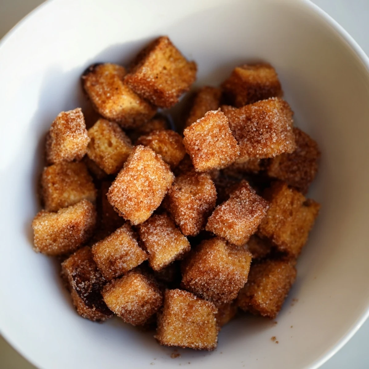 Golden-brown, crispy French Toast Cereal, a fun breakfast with cinnamon sugar, served in a white bowl.