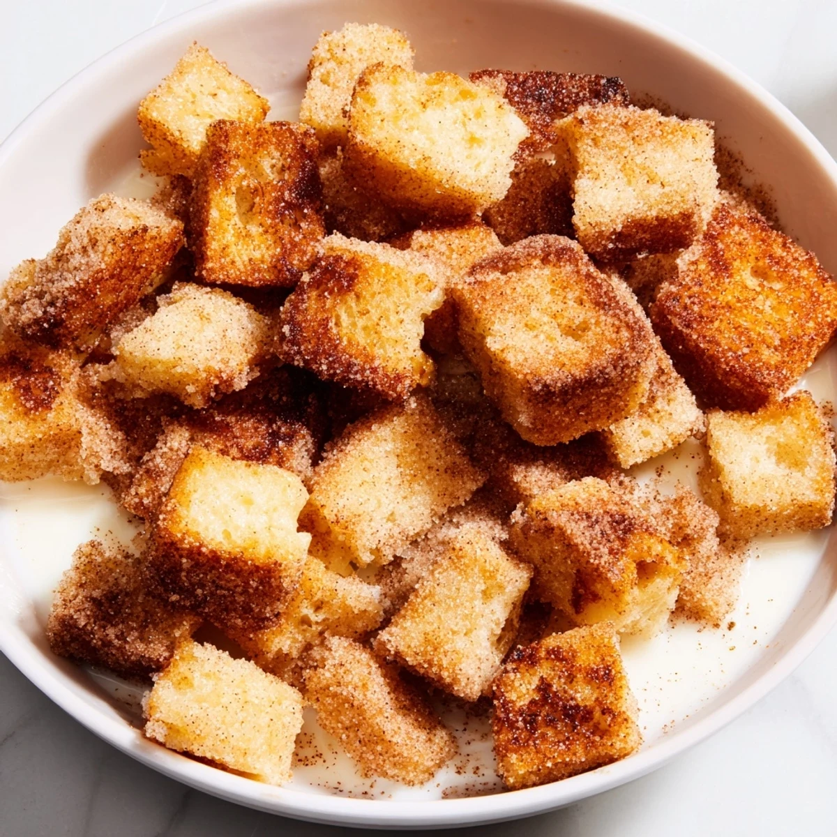 Close-up of cute, bite-sized French Toast Cereal drizzled with maple syrup, smelling of cinnamon, ready to eat.