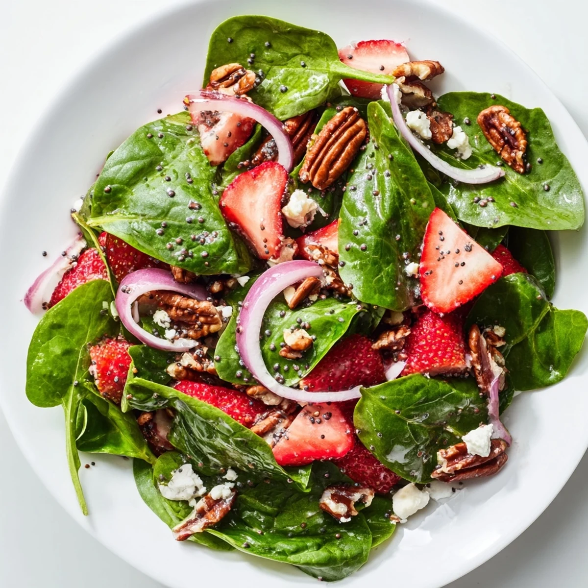 Fresh, colorful Spinach Strawberry Salad, topped with pecans, ready to serve with poppy seed dressing.