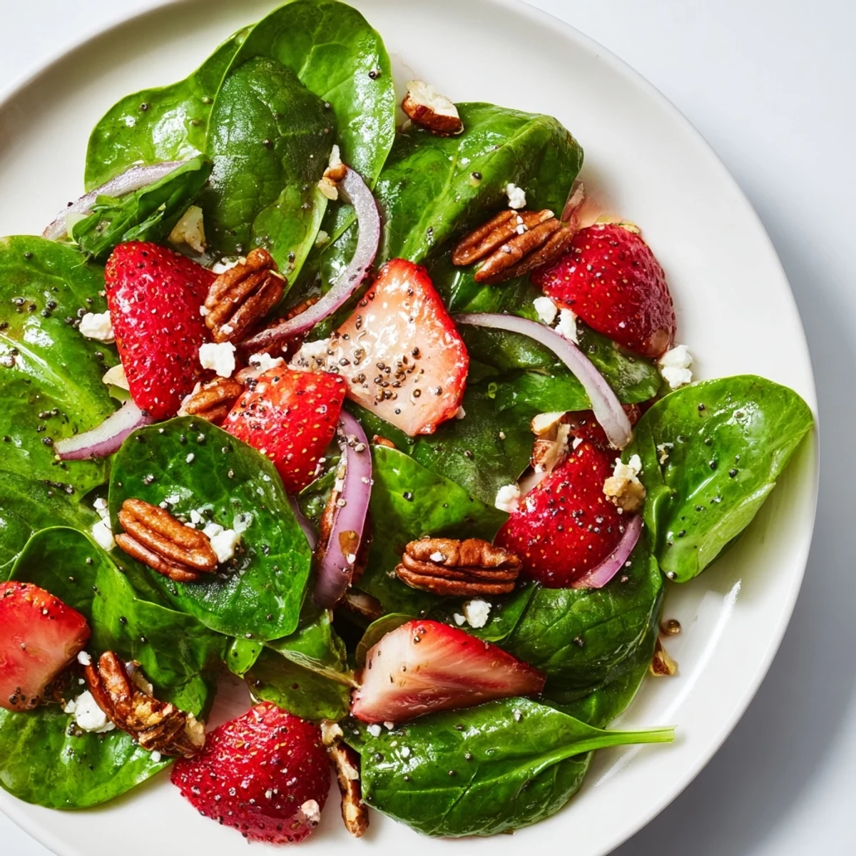 Close-up of a delightful Spinach Strawberry Salad with a drizzle of sweet dressing, perfect meal.