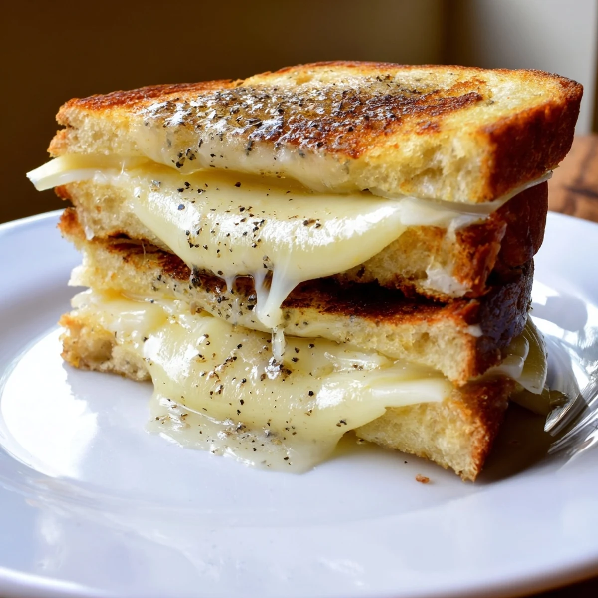 Golden brown truffle oil grilled cheese with oozing cheddar, a decadent, gourmet sandwich ready to eat.