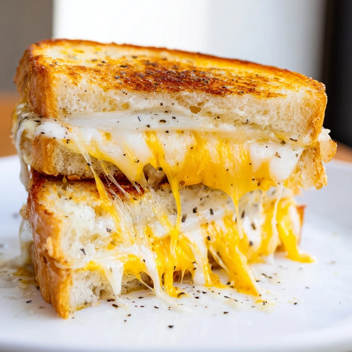 A close-up of buttery, crispy truffle oil grilled cheese slices, an irresistible American favorite.
