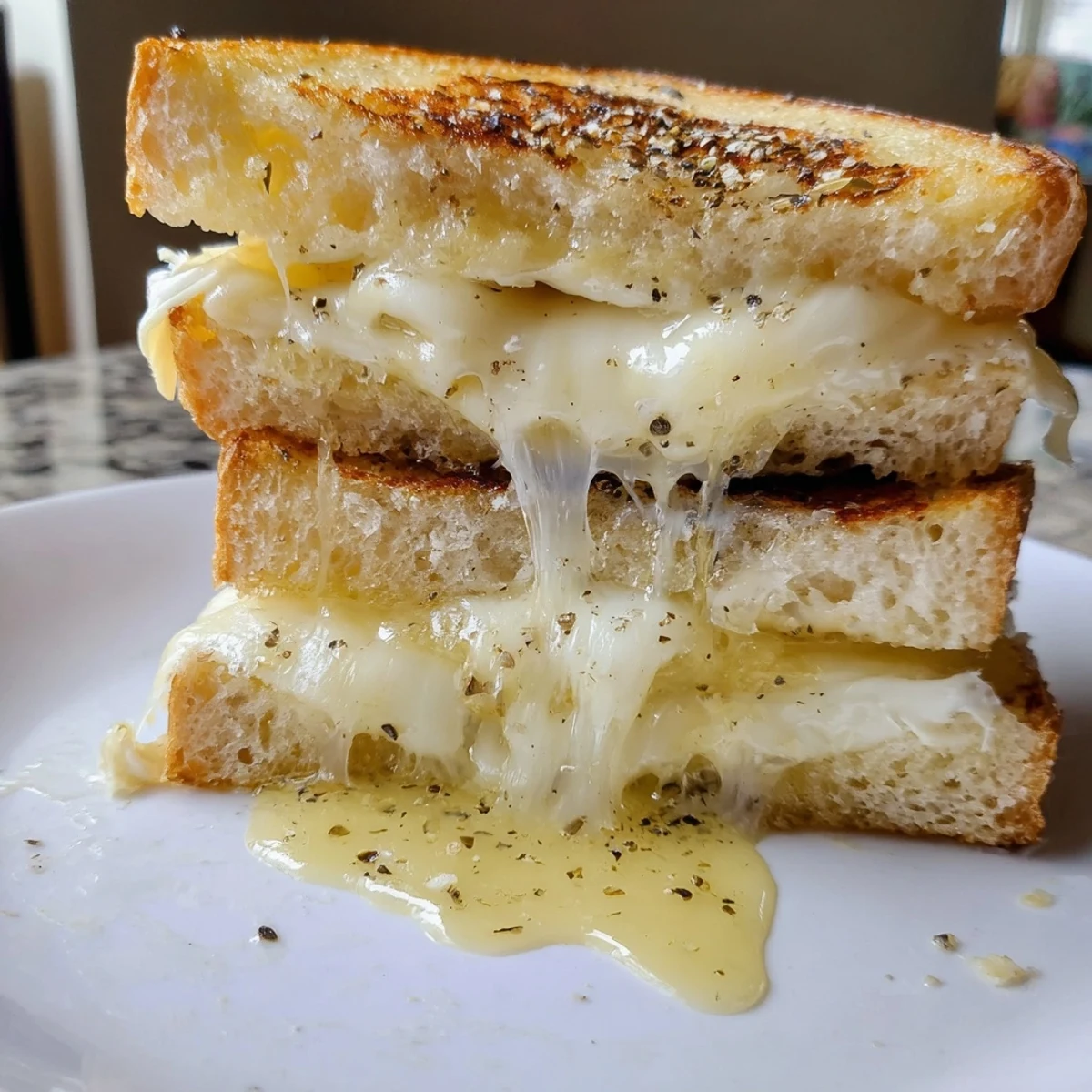 Warm, melted sharp cheddar on truffle oil grilled cheese, a comforting lunch paired with tomato soup.