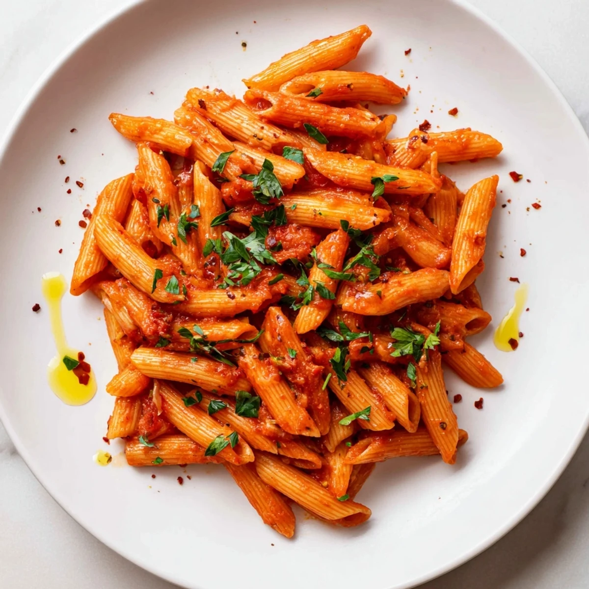 Steaming penne all'arrabbiata, coated in a vibrant, spicy tomato sauce, ready to serve with fresh parsley.