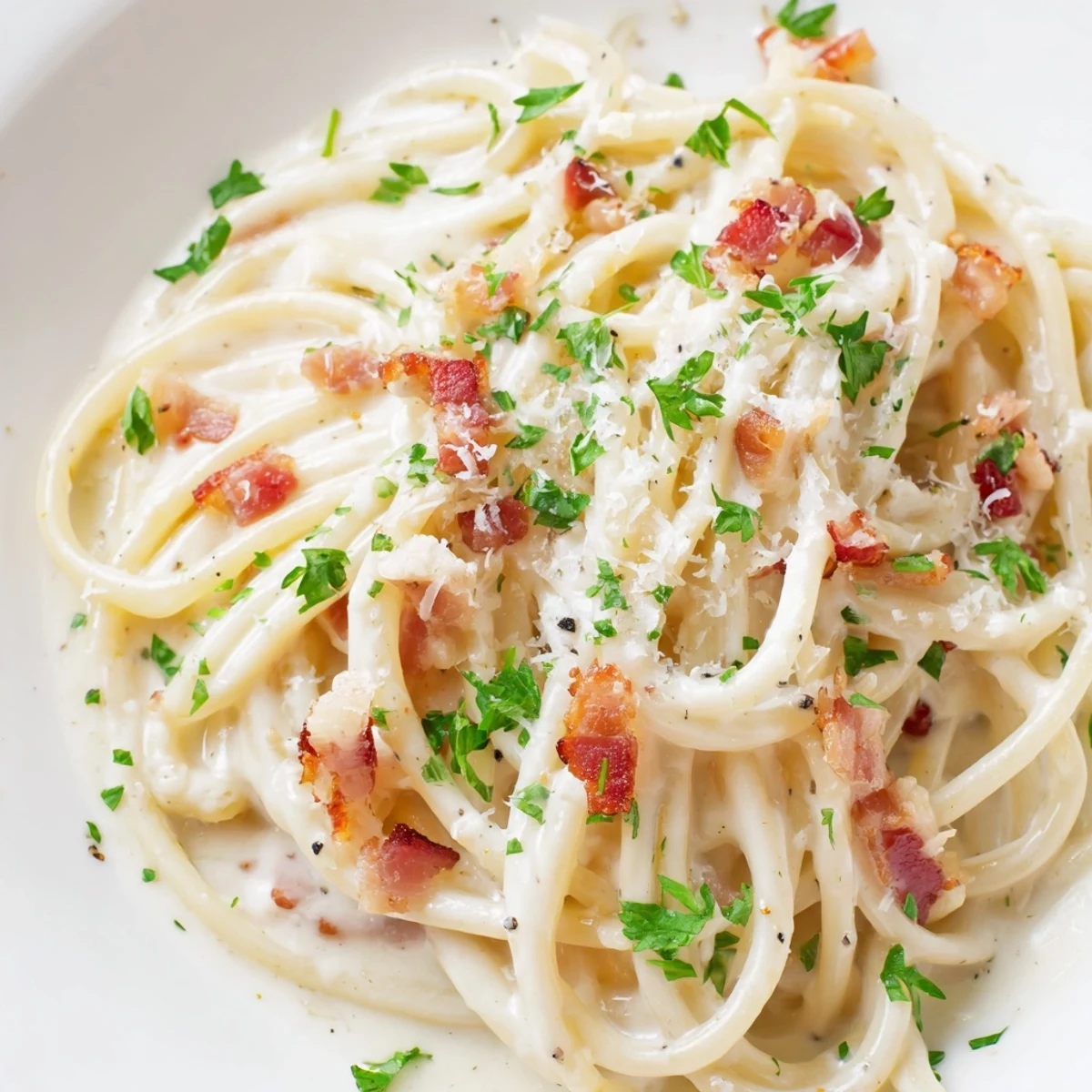 A close-up of creamy garlic bacon pasta, showing flavorful ingredients and a lovely cream sauce.