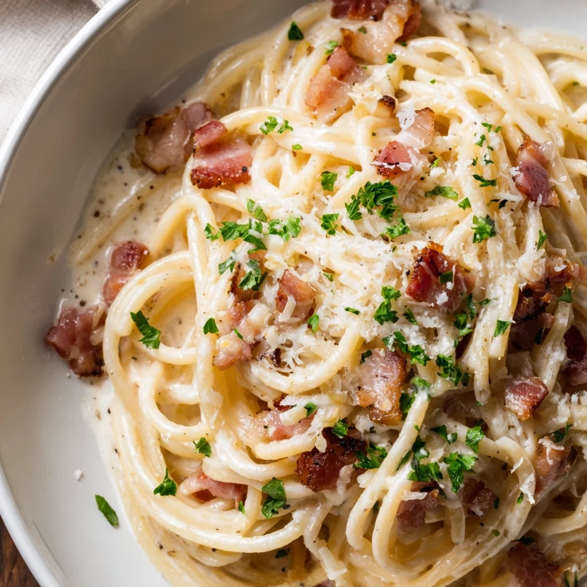 Creamy garlic bacon pasta, a bowl full of rich, creamy perfection with crispy bacon pieces atop.