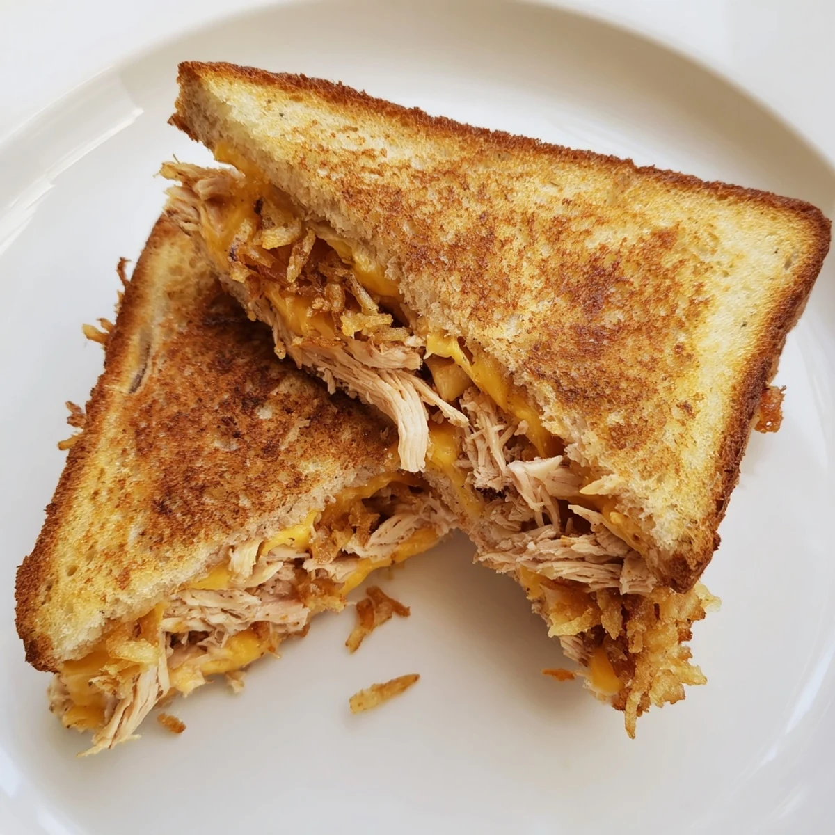 A close-up of a juicy Crispy Shallot Chicken Grilled Cheese with melted mozzarella and toasted sourdough bread.