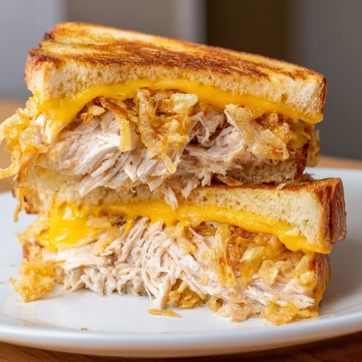The savory chicken and crispy fried shallots create a delightful Crispy Shallot Chicken Grilled Cheese, a comfort food classic.