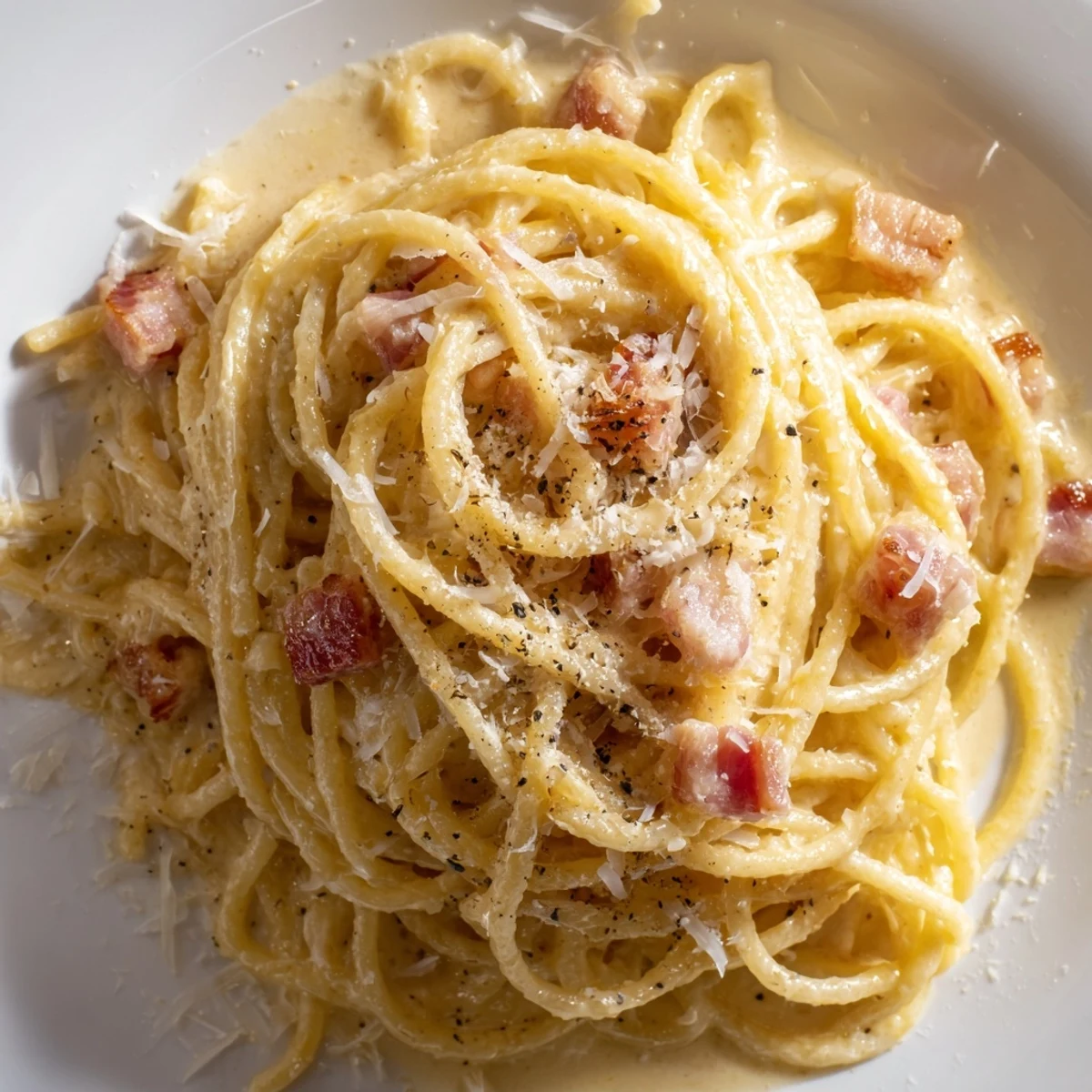 Creamy Express Spaghetti Carbonara with golden bacon bits and grated Parmesan, a quick Italian classic.