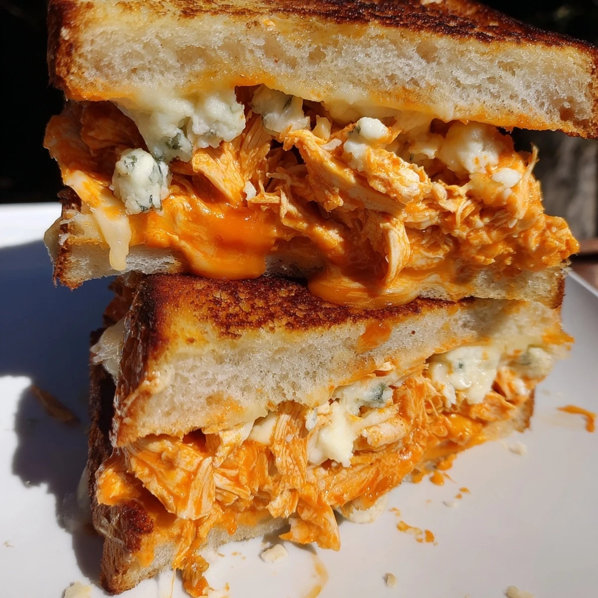Golden, gooey Buffalo Chicken Grilled Cheese: a tempting view of a hearty, melty sandwich.