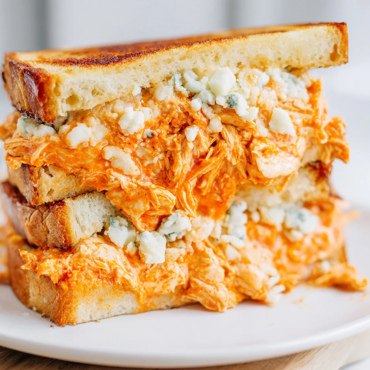 Perfectly grilled Buffalo Chicken Grilled Cheese: oozing melted cheese and spicy chicken filling.