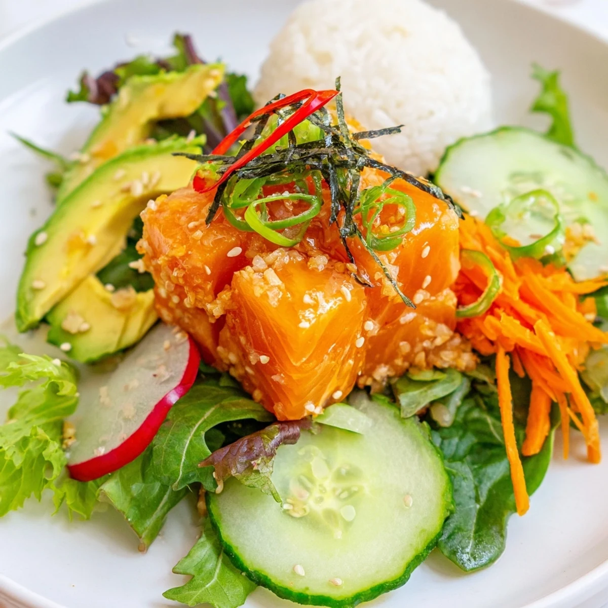 A colorful Poke Bowl Salad with glistening tuna, fresh vegetables, and tasty toppings, perfect for lunch.