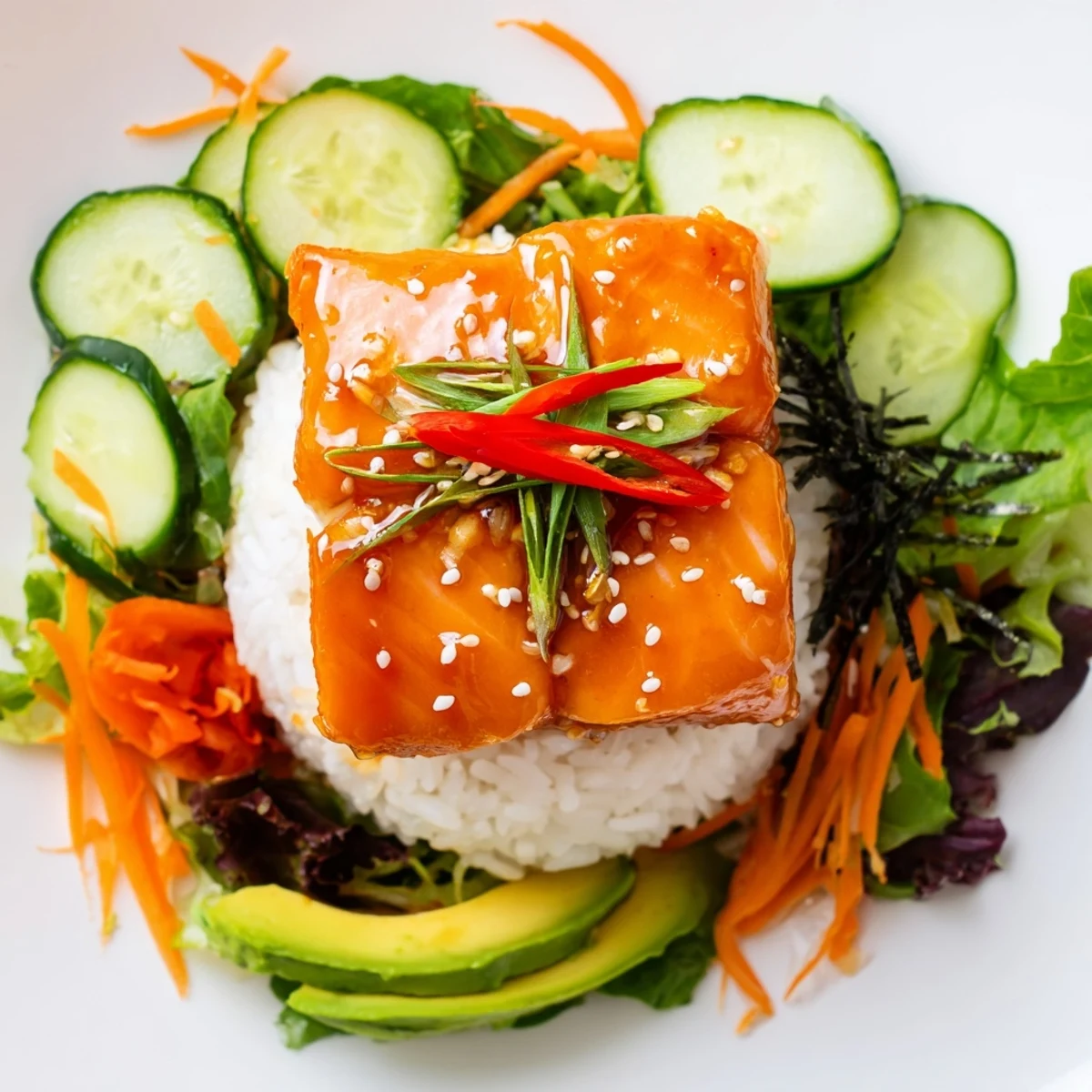 This vibrant Poke Bowl Salad showcases sushi-grade fish over a bed of greens, ready to eat and enjoy now.