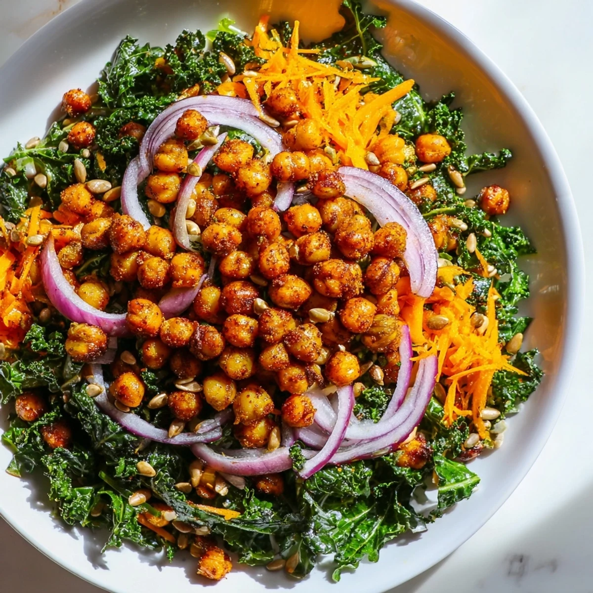 Crispy roasted chickpeas topping a vibrant kale salad with fresh carrot and red onion.