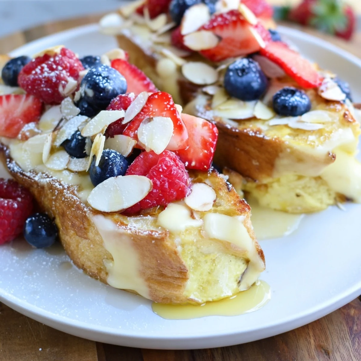 Warm, golden Custard Toast topped with fresh berries, offering a vibrant, flavorful breakfast experience.
