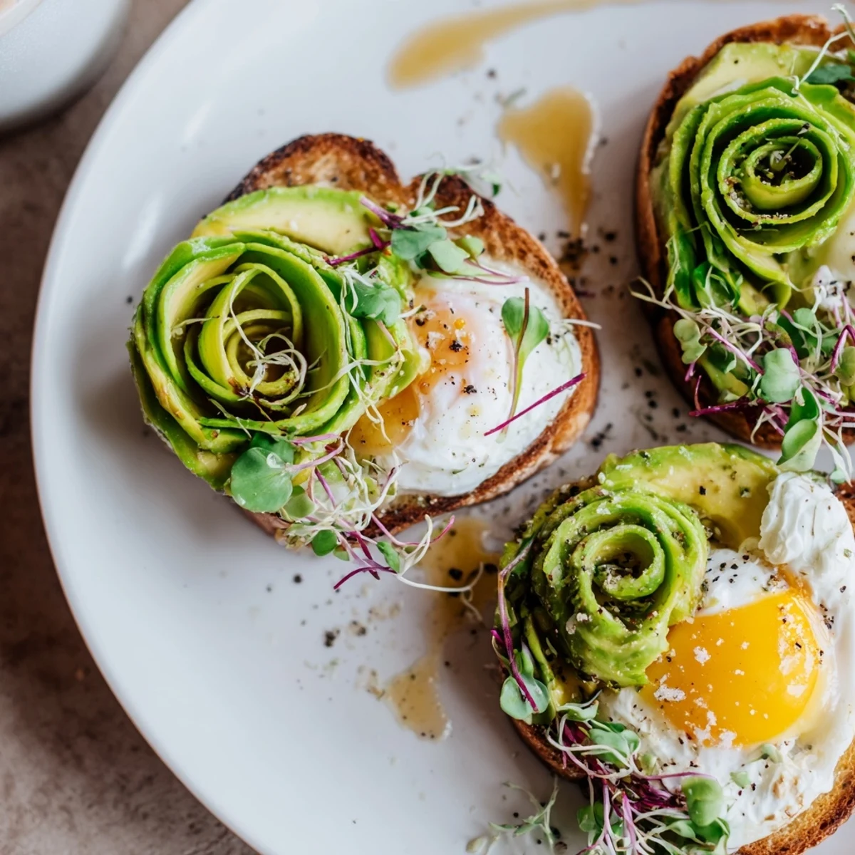 Golden baked Cloud Toast 2.0 with a runny yolk center, avocado, and drizzled honey—a gourmet morning meal.