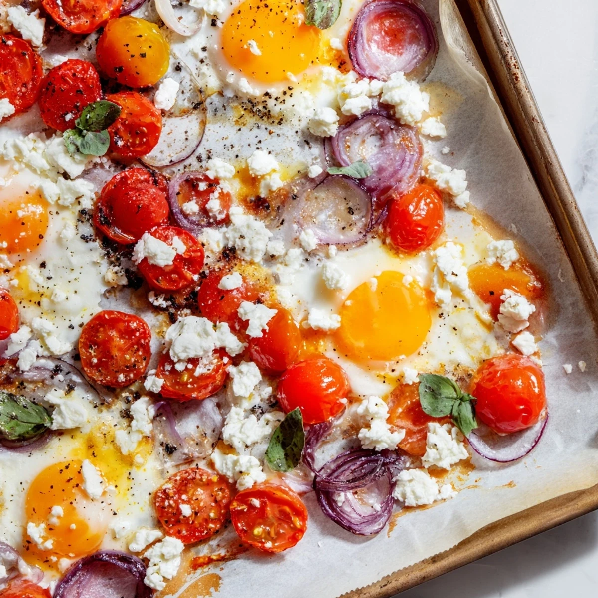 Tomato Feta Baked Eggs sizzling on a sheet pan, with a burst of color from vibrant red tomatoes.