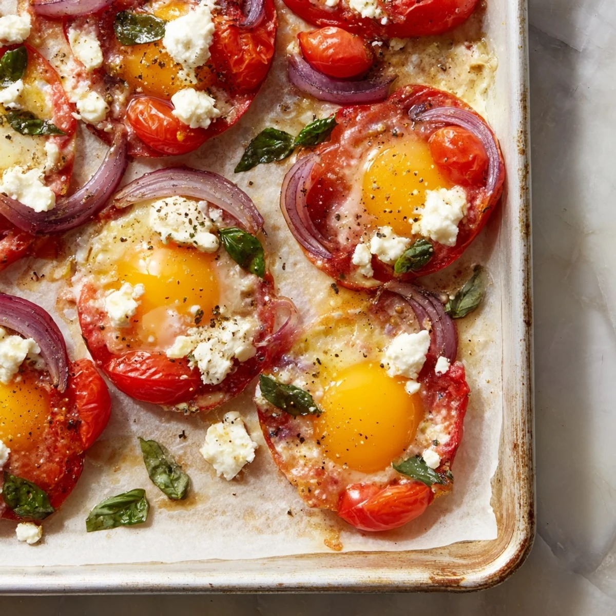 Enjoy delicious Tomato Feta Baked Eggs, a simple sheet pan breakfast with creamy feta and fresh basil.
