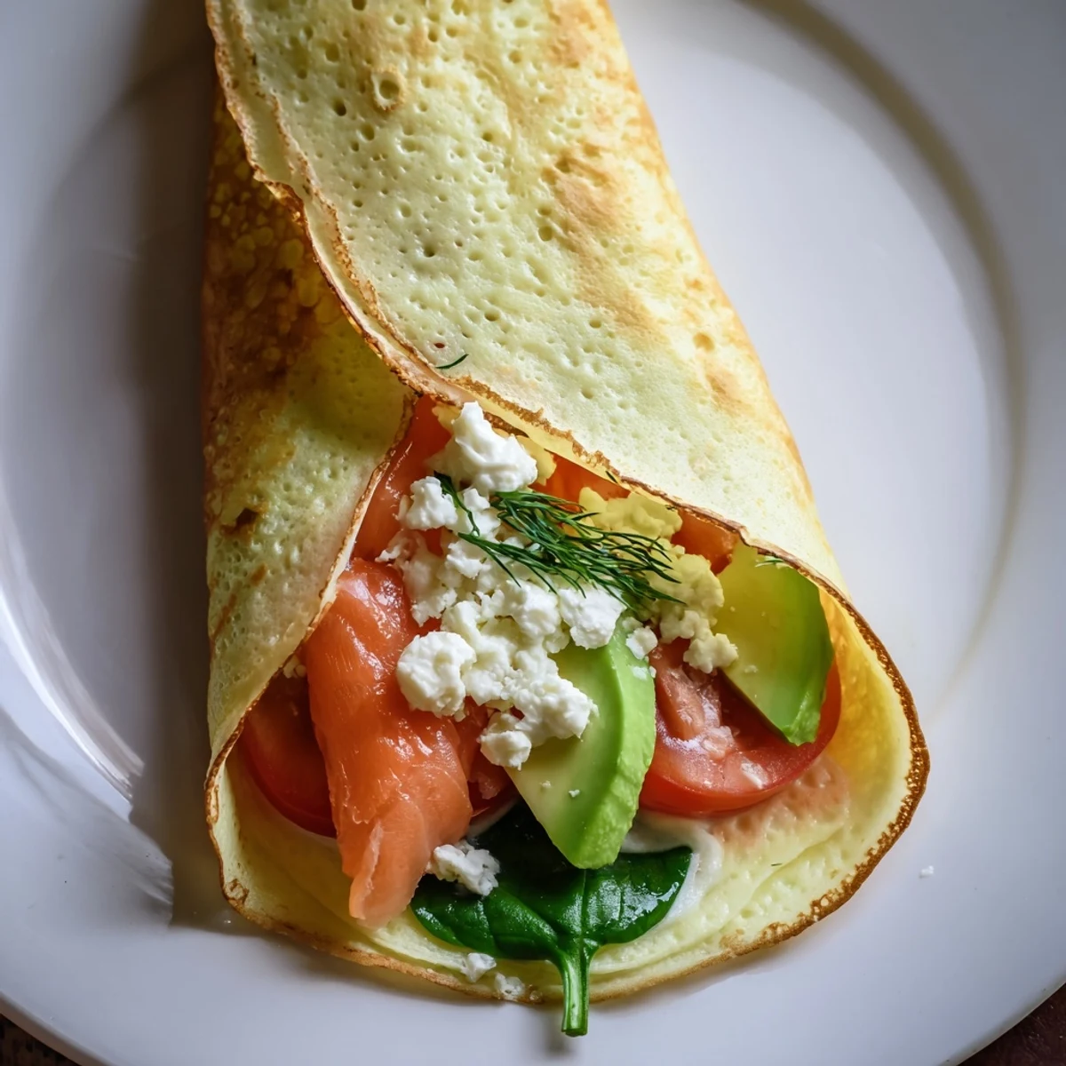 A visually appealing close-up of a filled Blender-Egg Crepe Wrap, lightly browned and perfectly rolled.