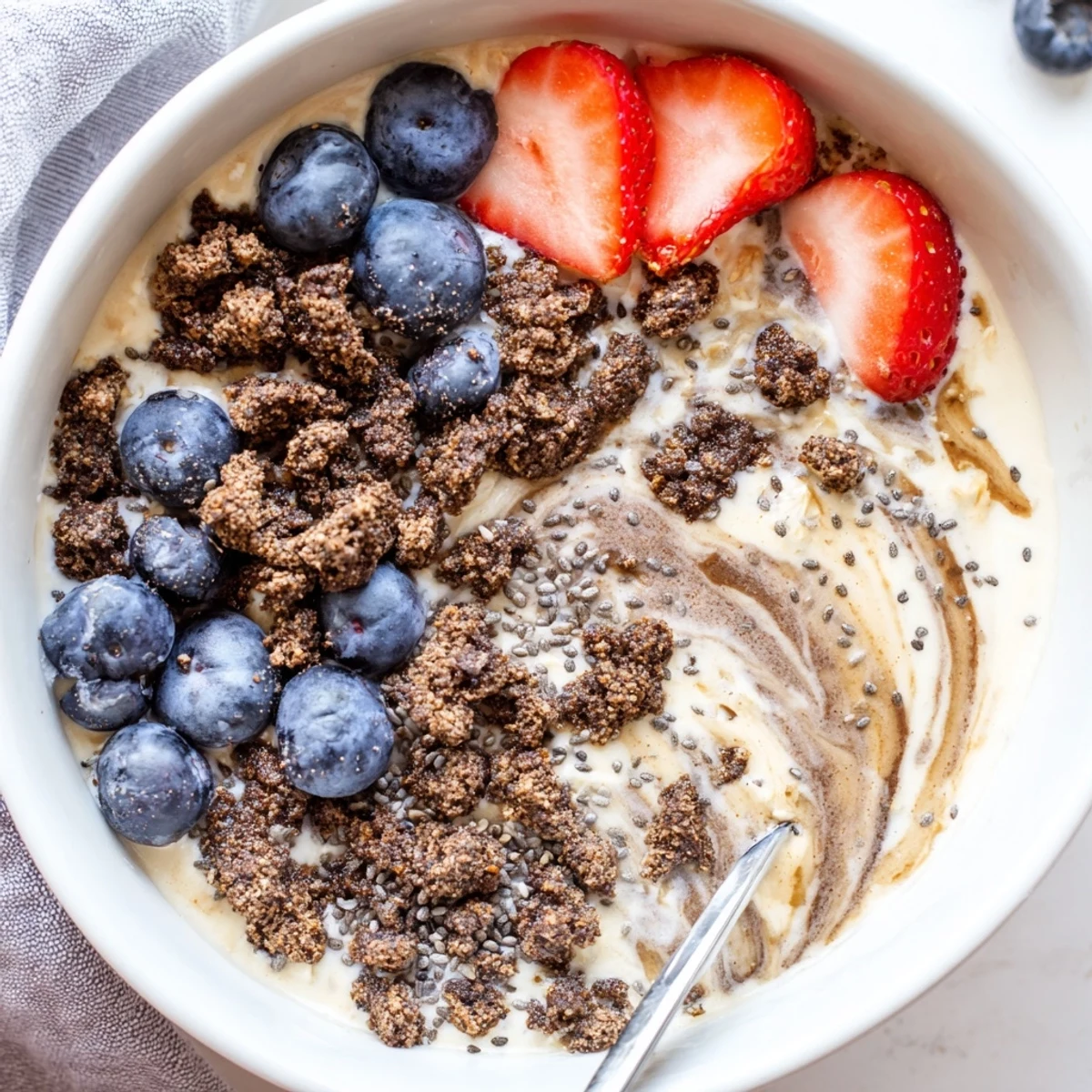 Creamy overnight oats gourmet makeover, swirled with peanut butter and topped with fresh berries and granola.