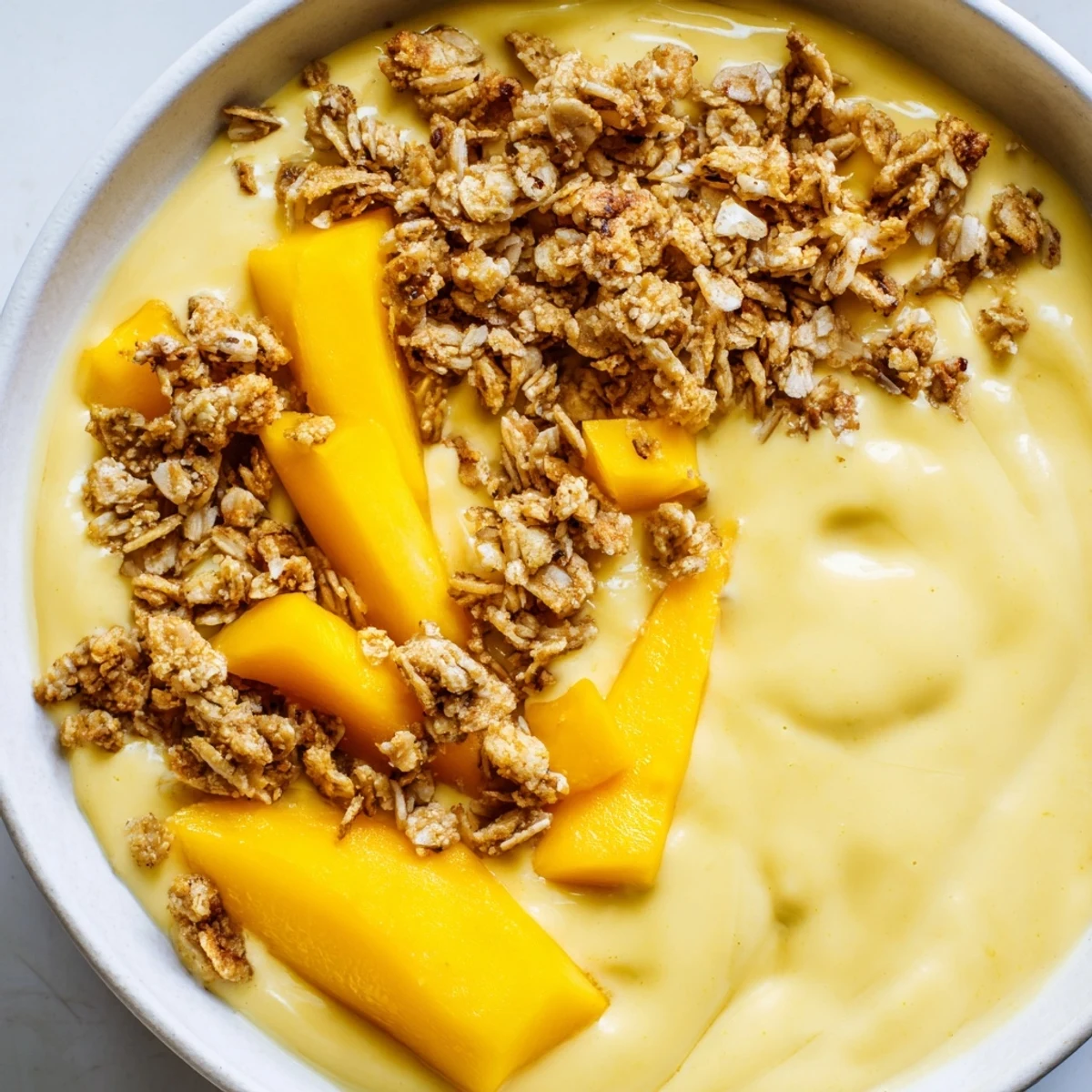 Creamy mango blended overnight oats, blended until smooth and topped with golden, crunchy granola textures.
