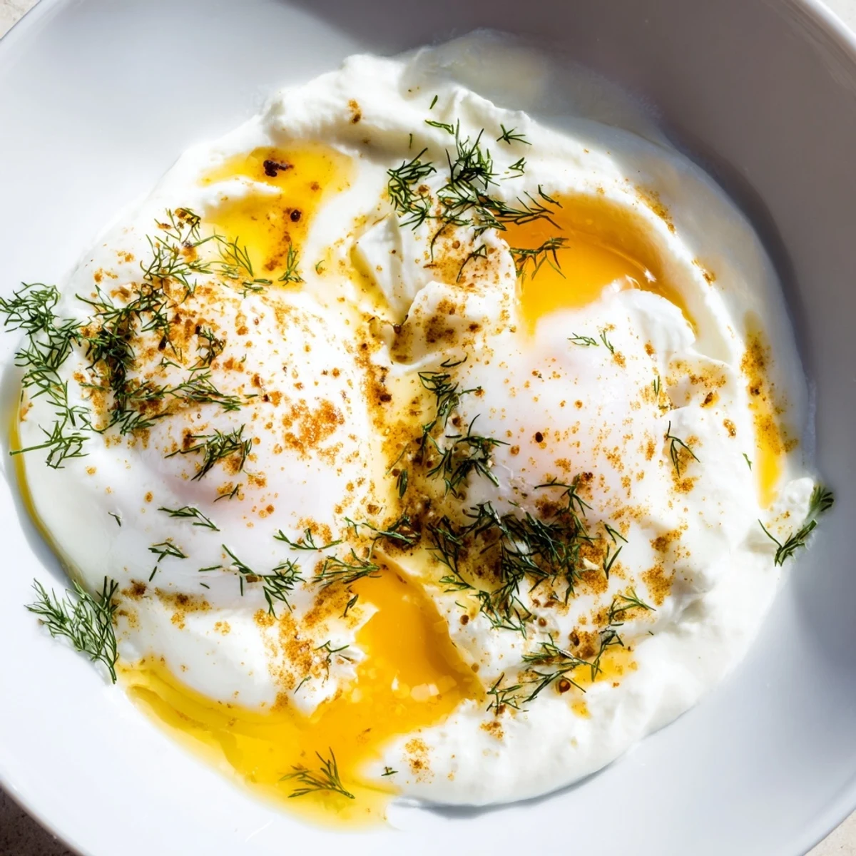 Cilbir: Creamy yogurt and perfectly poached eggs drizzled with spiced butter, a Turkish breakfast delight.