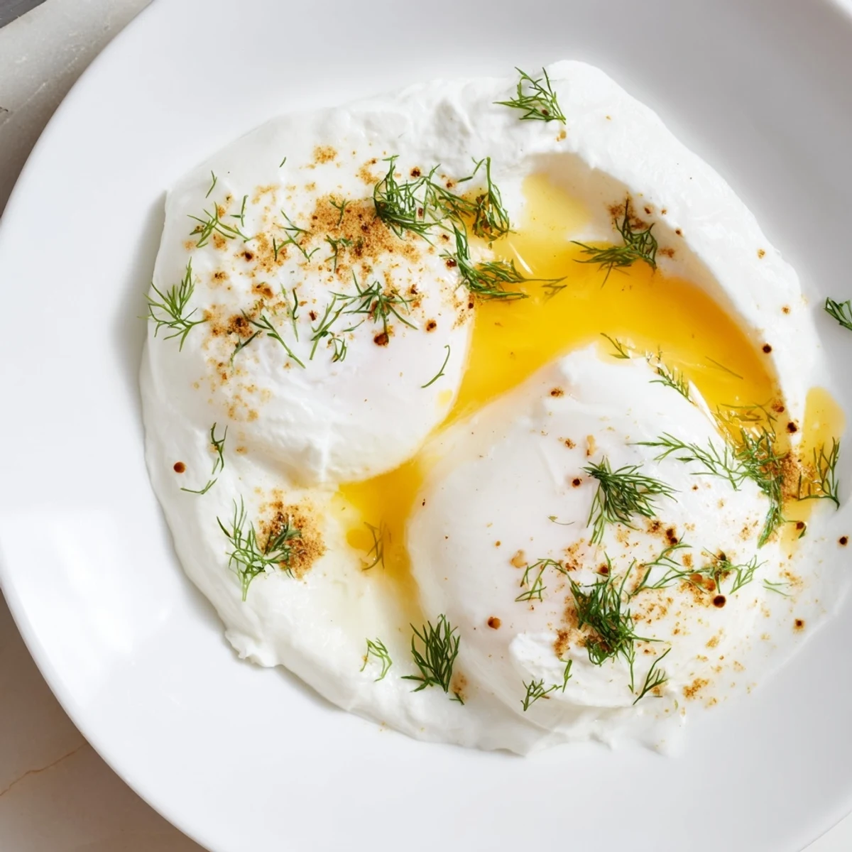 A close-up shot of Cilbir, showcasing runny yolks and vibrant, flavorful spiced brown butter.