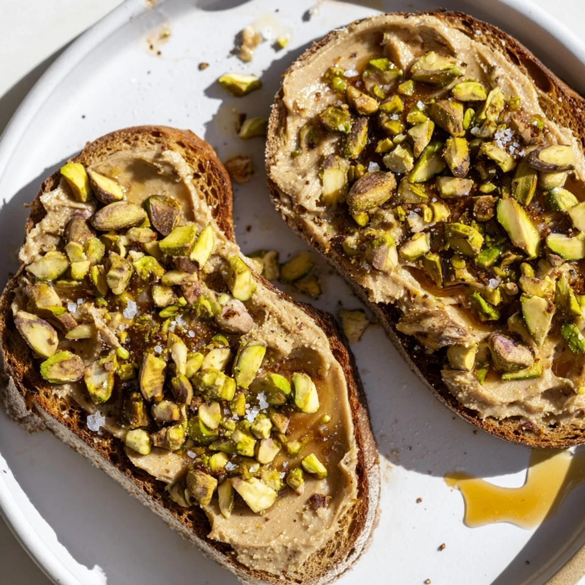 Golden, toasted bread generously spread with creamy pistachio butter, ready for this delightful pistachio butter toast.