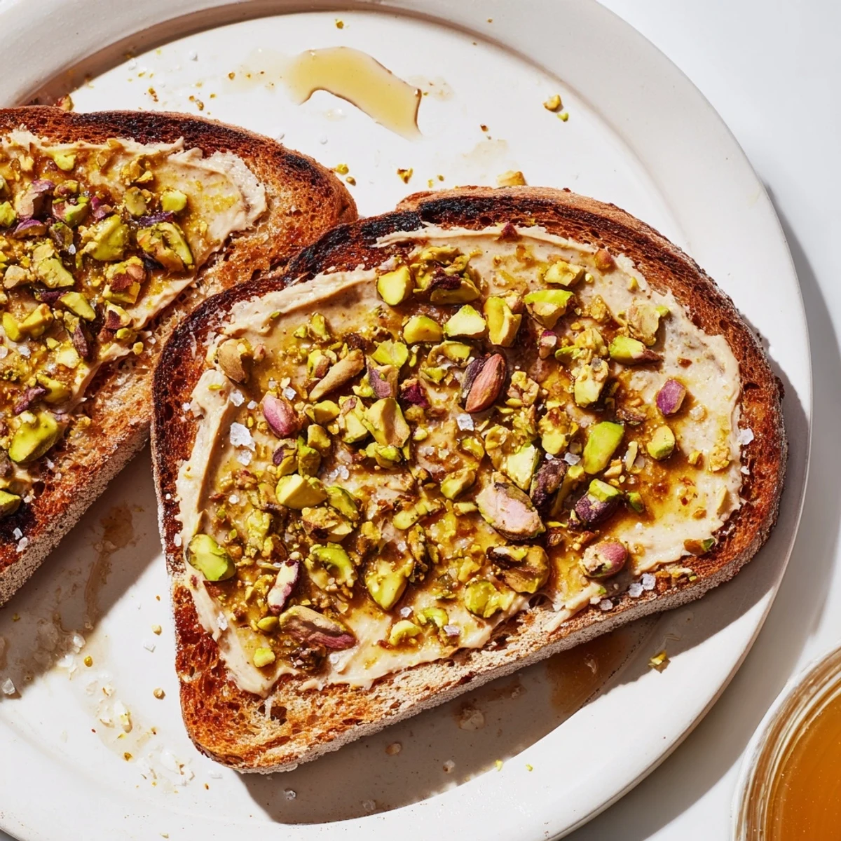 A close-up of sweet honey drizzled perfectly atop vibrant green pistachio butter toast, ready to eat.