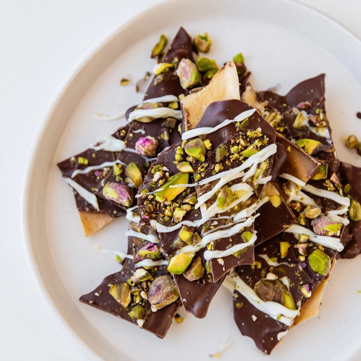 This homemade Pistachio Dubai Chocolate Bark features a beautiful swirl of white chocolate drizzle and rose petals.