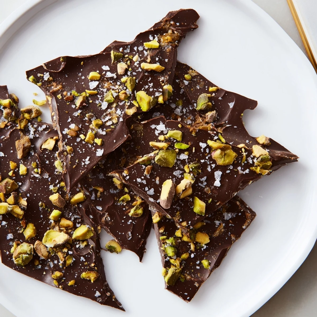 Golden, crispy Kataifi Chocolate Crunch Bark with pistachios & flaky sea salt visually delights.