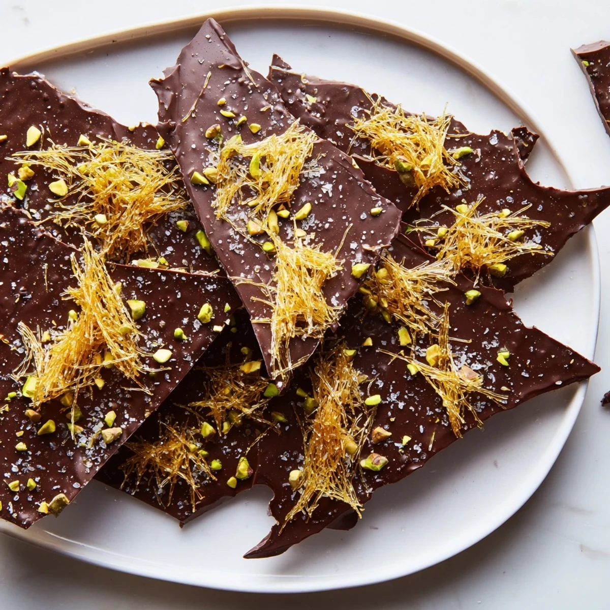 Imagine deliciously crunchy Kataifi Chocolate Crunch Bark, a fusion dessert in rich dark chocolate.