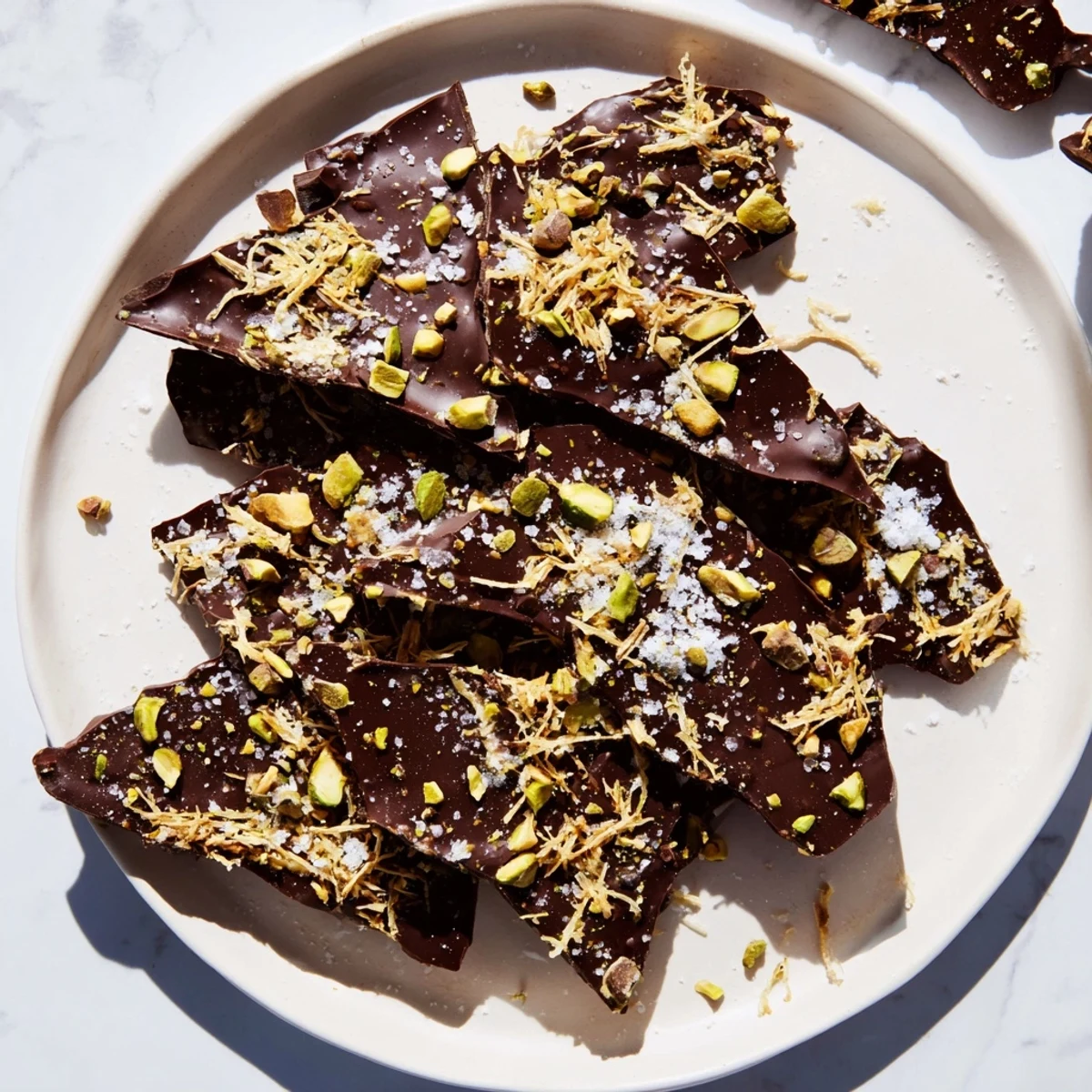 This stunning picture shows irresistible Kataifi Chocolate Crunch Bark, perfect dessert to share.