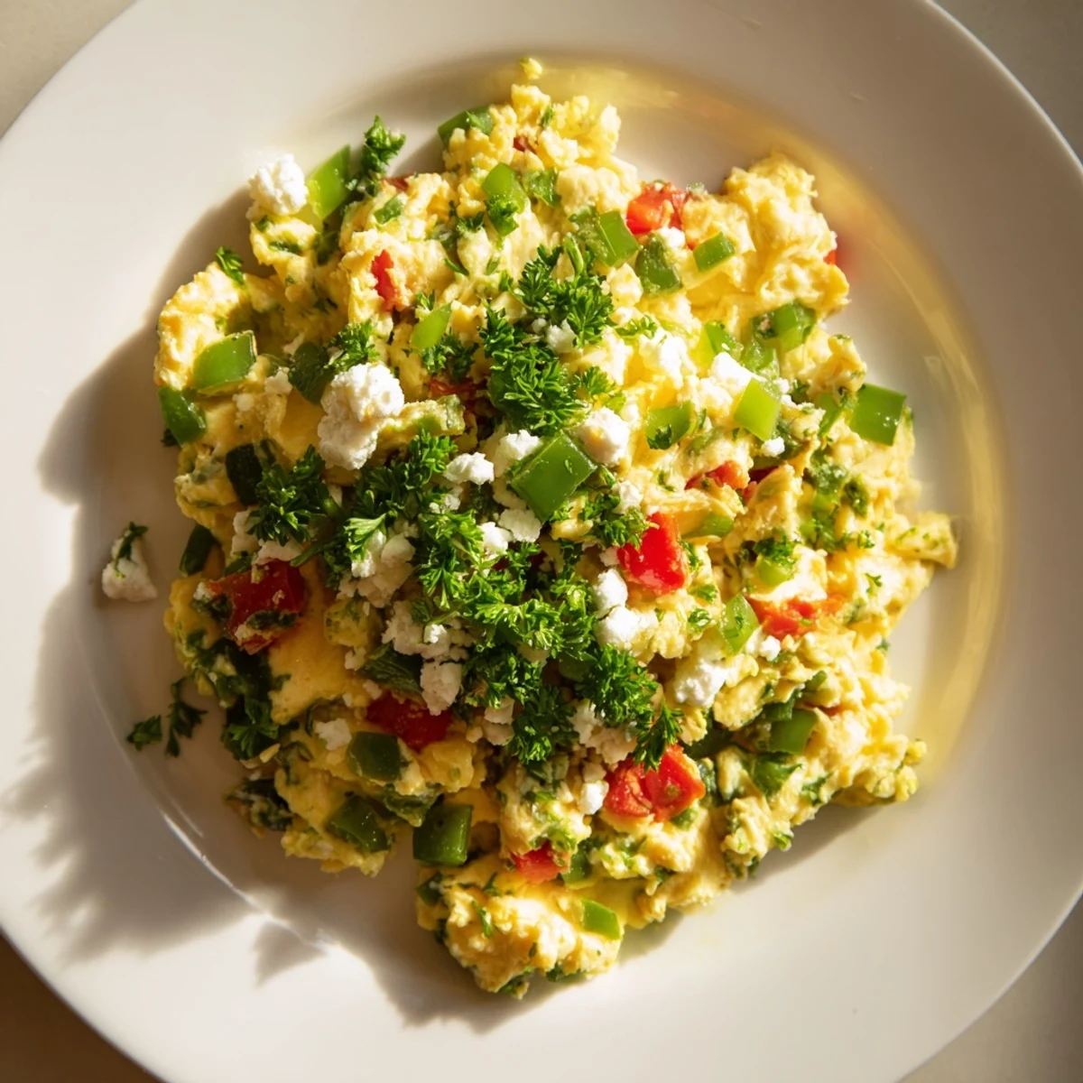 Golden, creamy Turkish menemen scramble, a flavorful breakfast with tomatoes, peppers, and fluffy eggs.