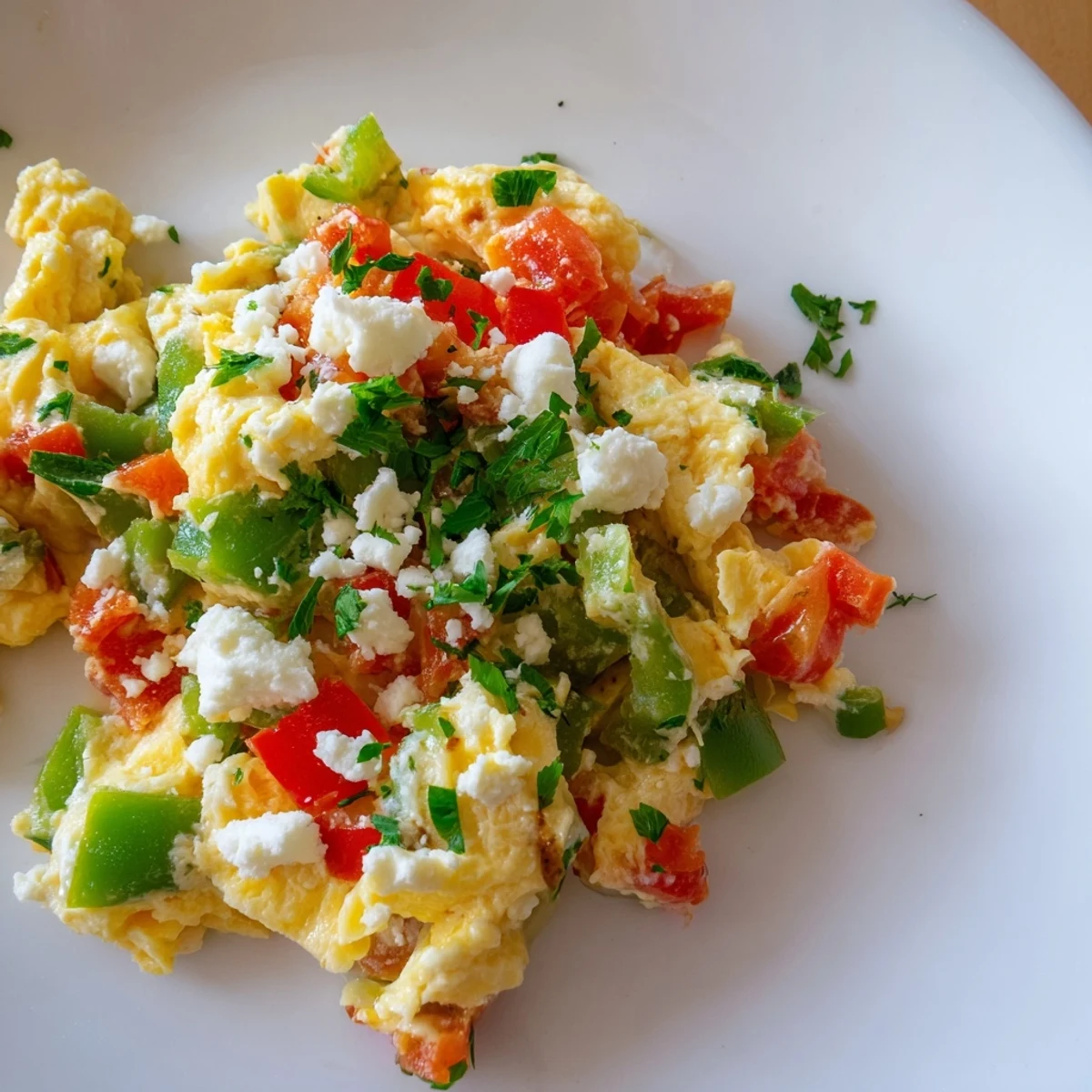 Freshly cooked Turkish menemen, ready to serve, a vibrant scramble with onions and peppers.